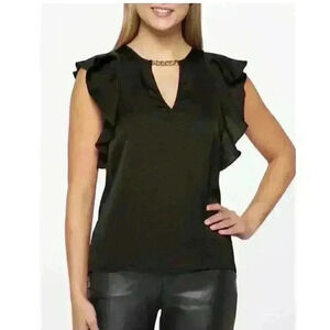 NWT 88$ Michael Kors Satin Ruffled Chain Black Top Size L
